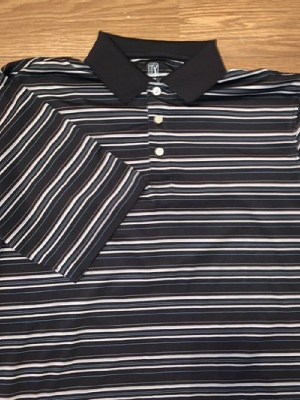 PGA Tour Golf Polo Shirt Men’s Small Short Sleeve Black W/ White And Blue Stripe